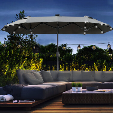 Сонцезахисний парасолька Outsunny Doppelsonnenschirm, 295 x 219 см, парасолька з LED-підсвічуванням, овальна, вітростійкий садовий парасоль, стабільний, парасолька для ринку з регульованим кутом нахилу для тераси, басейну, поліестер, сталь, темно-сірий | 