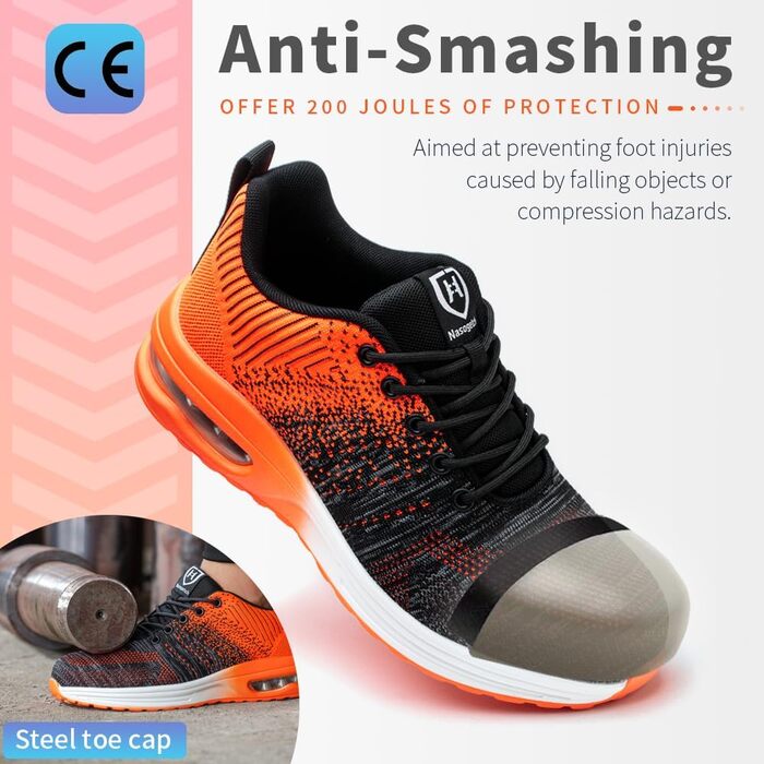 Захисні черевики Nasogetch для жінок та чоловіків: сталевий капок, робочі черевики, спортивний дизайн, дихаючий матеріал (38 EU, помаранчевий)
