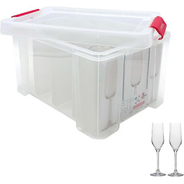 SUNDIS Glass Store, 27L Storage Box with Snap-On Lid, with 24 Compartments for Storing Stemware, Transparent Plastic, Reinforced, Stackable (Champagne Glasses)