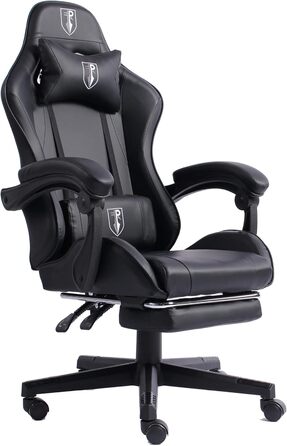 TRISENS Gaming Chair with Racing Design featuring flexible padded armrests, ergonomic PC gaming chair in leather look, desk chair with retractable footrest and extra support cushion, color: black