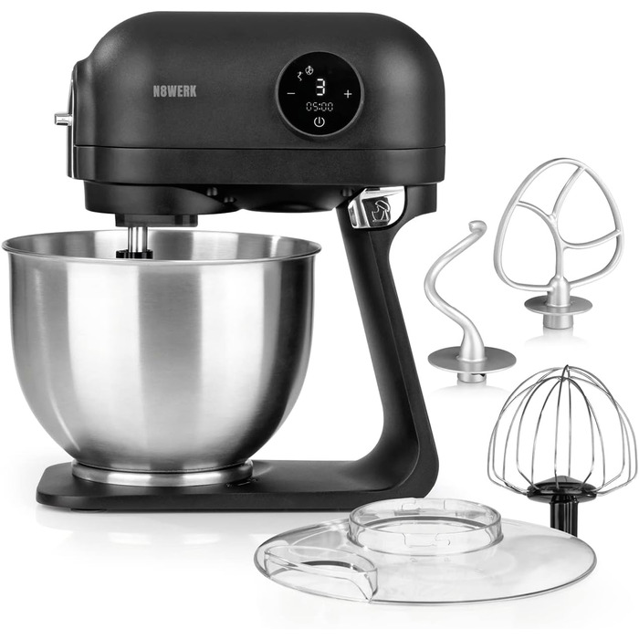 N8WERK Kitchen Machine in the Midnight Edition | Whisk, dough hook, and beaters | Splash guard with filling opening | 5 L stainless steel bowl | 6 speed settings | 1200 watts | digital display