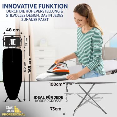 Сталеве прасувальне щит Stahlmann XXL з підставкою для рукавів, 130x48 см – стабільне прасувальне щит, чохол 100% бавовна, Made in EU