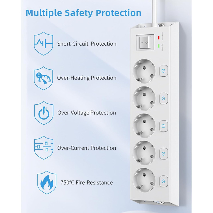 Мережевий фільтр Steckdoseleiste 5-fach з вимикачами, захистом від перенапруги 1050J, для дому та офісу, білий, кабель 2м