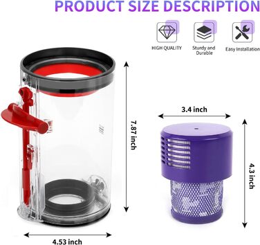 Transparent Dust Collector Bin for Dyson V11, V15, SV14, SV15, SV22 - HEPA Filter Included, Replacement Part & Accessory for Dyson Vacuum Cleaners