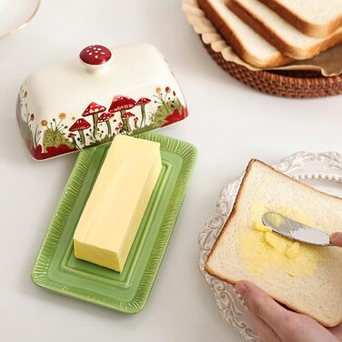 Fun Mushroom Butter Dish with Lid for Countertop - Ceramic, Red Mushroom Butter Container, Butter Tray, Large Butter Dish (White, Standard)