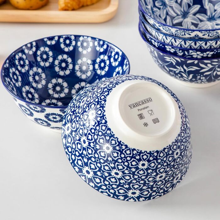 Набір мюслі-тарілок Vancasso Selene (6 шт.) з порцеляни, 720 мл – блакитно-білі керамічні тарілки для мюслі, салату, супу, рамену, фруктів та десерту