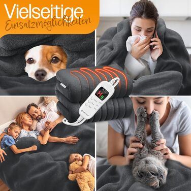 Електрична грілка KESSER® з плюшу 180x130 см сірого кольору | з таймером, автоматичним вимкненням, 7 температурних режимів, цифровим дисплеєм, прання до 40°C | Тепла та м'яка ковдра | Сертифікат TÜV SÜD GS