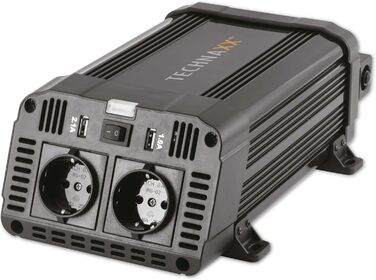 Автомобільний інвертор Technaxx TE16 12В-230В, 1200Вт/2400Вт, 2x Schuko, 2x USB, TÜV Rheinland, перетворювач напруги