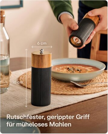 Набір для перцю та солі Praknu з дерев'яної акації з керамічним жорном - регулювання ступеня помолу, довговічний - дерев'яні млини для спецій - набір млинів для солі та перцю, чорний (маленький)