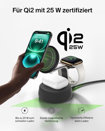 Belkin UltraCharge Pro Qi2.2 Бездротова зарядка 3-в-1 25W MagSafe сумісна для iPhone, Apple Watch, AirPods, Pixel – Чорна