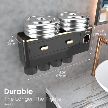 IHave Toothbrush Holder Wall-Mounted, Bathroom Toothbrush Holder with Toothpaste Dispenser, 3 Cup Toothbrush Holder with Drawer, Large Capacity Toothbrush Organizer Bathroom (4 Cups, Black Gold)