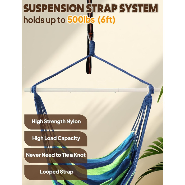 Підвісне крісло-гойдалка Chihee для дому та саду 130x100 см, смугасте (синьо-зелене). Бавовна, високий комфорт, для тераси, двору, саду.