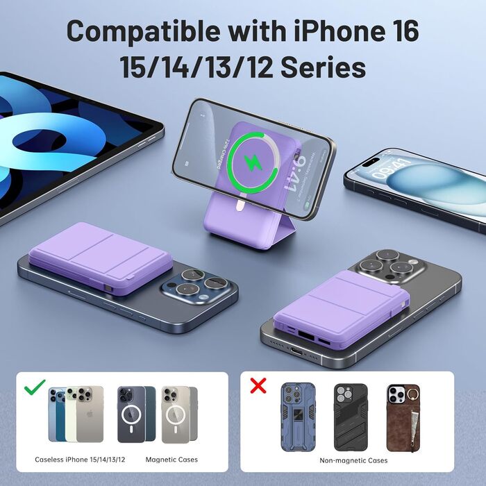 Power Bank Azmuth MagSafe 10000mAh для iPhone з LED дисплеєм, бездротова зарядка, білий (фіолетовий)