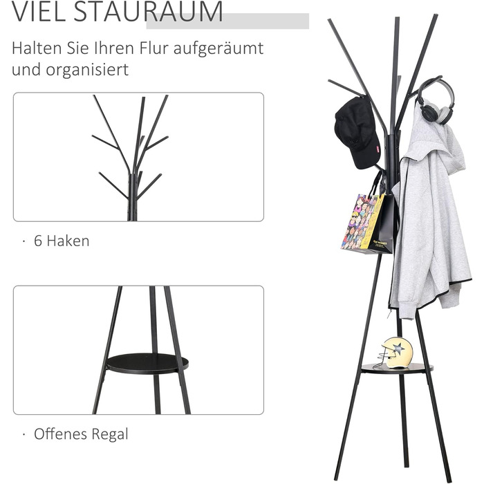 HOMCOM Coat Rack, Clothes Rack with 8 Hooks, Coat Stand with Shelf, Freestanding Coat Rack for Clothes, Hats, Bags, Metal, Black, 45 x 45 x 180 cm