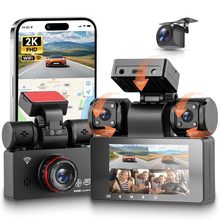 Автомобільний відеореєстратор 360° 4K/FHD 1080P (4 канали: передній, задній, лівий, правий) з ІК-нічним баченням, G-сенсором, моніторингом паркування 24г та карткою пам'яті 64 ГБ, екран 3 дюйми