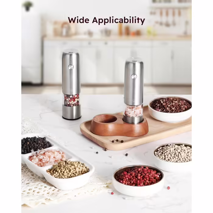 Sangcon Mini Electric Salt and Pepper Grinder Set with Wooden Base, Portable USB Rechargeable Kids' Pepper Grinder, 5 Strengths Adjustable Small Automatic Salt and Pepper Grinder Grinding Mechanism Stainless Steel