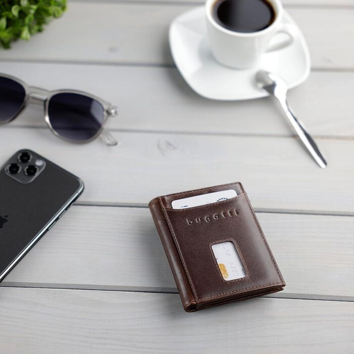 Гаманець Bugatti Secure Slim Mini з RFID-захистом, шкіряний, коричневий - компактний картхолдер з монетником