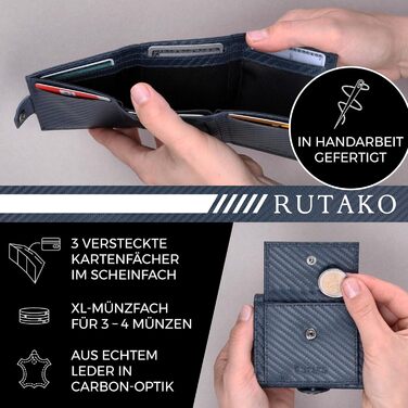 RUTAKO Slim Wallet with XL Coin Pocket & RFID Protection - Card Holder for Men & Women - Small Credit Card Wallet - Mini Purse - Small Portmonee/Portemonnaie - Wallet Carbon Blue