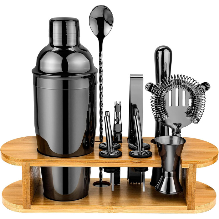 Cocktail Shaker Set with Stand, 12-Piece Premium Cocktail Set with All Essential Bar Tools, Gifts for Women Men Cocktail Lovers, Professional Bar Set Cocktail Accessories (Black)
