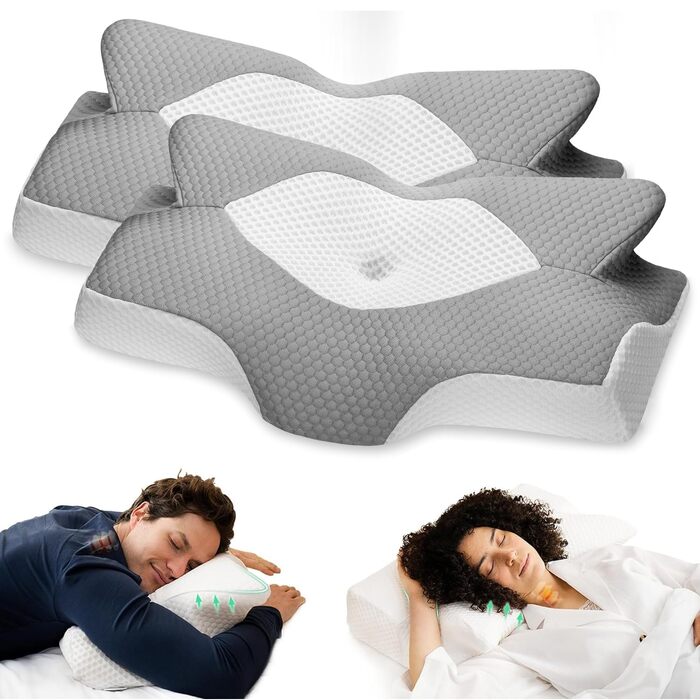 Подушка ортопедична Elviros з піни Memory Foam для сну на боку, 64x38 см, сіра - комплект 2 шт.