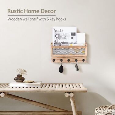 Brief and key holder for wall decoration, 27.9 cm (11 inches) wooden wall key organizer with 5 key hooks, wall mount, storage shelf for entryway, hallway (white) (wood)
