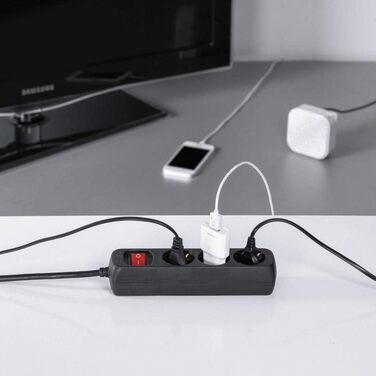 Многорозетка Hama з вимикачем для економії енергії, 3 розетки, чорна, кабель 1.4м, GS-сертифікат, для дому та офісу (2 шт.)