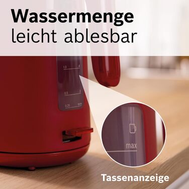Електричний чайник Bosch MyMoment TWK2M164 з автоматичним відключенням, захистом від перегріву, показом кількості чашок, знімним фільтром від накипу, захистом від сухого кип'яття, функцією зупинки пари, об'єм 1,7 л, потужність 2400 Вт, матовий червоний