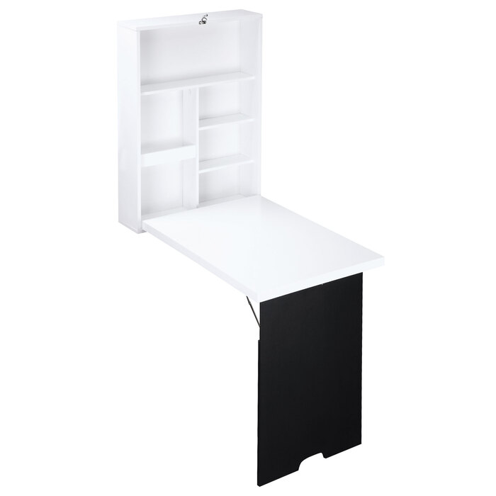 HOMCOM Wall Table Folding Desk with 5 Compartments, White and Black Board, 60x94.5x147cm, Space-Saving for Home Office