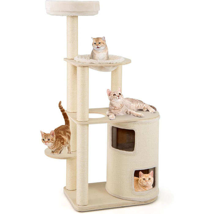Дерев'яний кігтечка для котів Costway 151 см з будиночком, гамаком та сизалевими стовпчиками, активний комплекс для котів