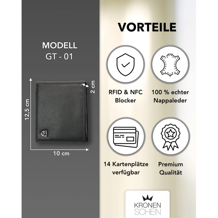 Kronenschein® Wallet for Men Leather with RFID Protection | Genuine Leather Bifold Wallet Large | Money Clip for Men | Wallet Wallet | Ladies' Nappa Leather Portemonnaie (Black)