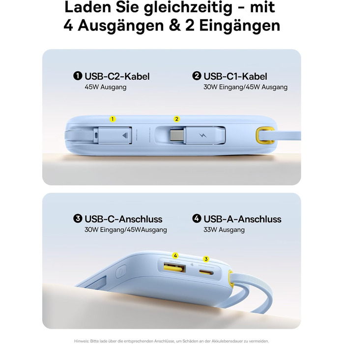 Power Bank Baseus QPow3 20000mAh 45W з 3 USB-C та 1 USB-A, PD3.0, QC4.0, LED дисплей, 2 кабелі USB-C, для iPhone, iPad, Galaxy (Блакитний)