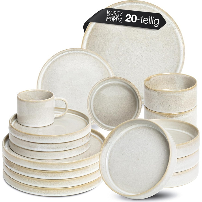 Moritz & Moritz Castello 20-Piece Dinnerware Set - Beige Stoneware Dinner Set for 4 - Includes Dinner Plates, Dessert Plates, Soup Plates, Bowls, and Cups