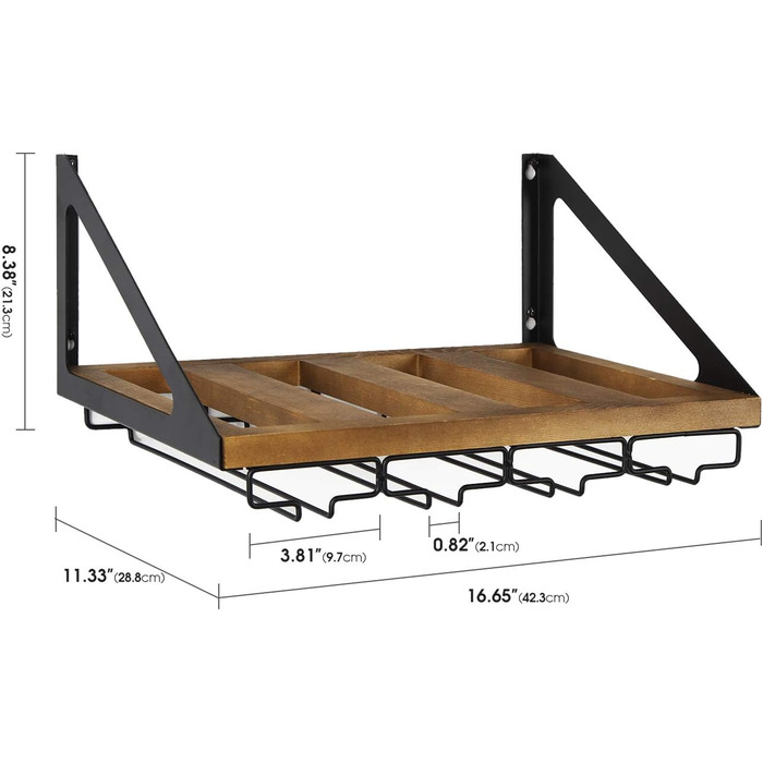 Стильна полиця для вина Jackcube MK478A з дерева в рустикальному стилі, настінна, з 4 металевими тримачами для келихів, декор для кухні, органайзер для зберігання