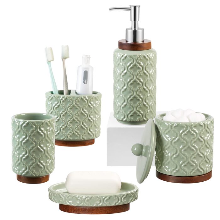 Набір аксесуарів для ванної кімнати керамічний 4 предмети в ретро стилі, дозатор для мила та тримач для зубних щіток, мармур (Зелений, 5 шт.)