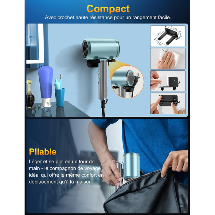 Фен 2400W складний іонний, професійний туристичний, з гарячою/холодною кнопкою, 3 режими нагріву, AC мотор, з насадкою-дифузором та сумкою для зберігання (сіро-блакитний)