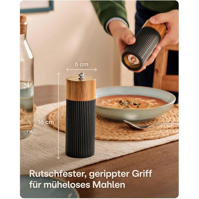 Набір для перцю та солі Praknu з дерев'яної акації з керамічним жорном - регулювання ступеня помолу, довговічний - дерев'яні млини для спецій - набір млинів для солі та перцю, чорний (маленький)
