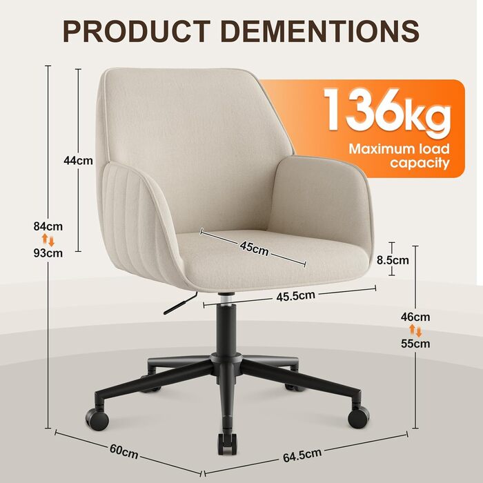 Офісний стілець для дому та офісу до 136 кг, обертовий, оксамитовий, з підлокітниками та колесами, ергономічний, білий. Стільчик для макіяжу, регульована висота.