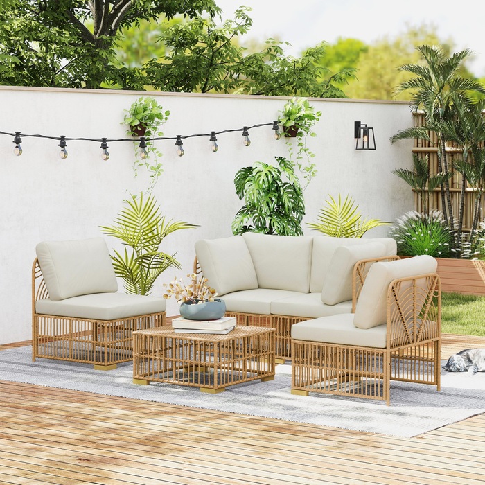 **Набір садових меблів Outsunny Ecklounge з ротангу: кутовий диван, крісло, пуф та подушки для 5 осіб.**

*Опис:* Чудовий набір для відпочинку на вашому балконі, терасі або в саду. Міцний та стійкий до погодних умов, цей комплект з ротангу включає кутовий