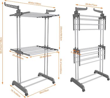 Foldable Stainless Steel Clothes Rack with Wheels, Portable, for Indoor and Outdoor Use, White/Gray (Gray-1)