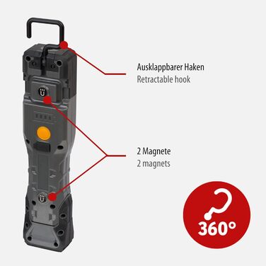 Акумуляторний LED ліхтар Brennenstuhl HL 1000 A IP54 для роботи на вулиці, 1000+200 лм, до 24 годин, COB LED, магніт, гачок, USB-C