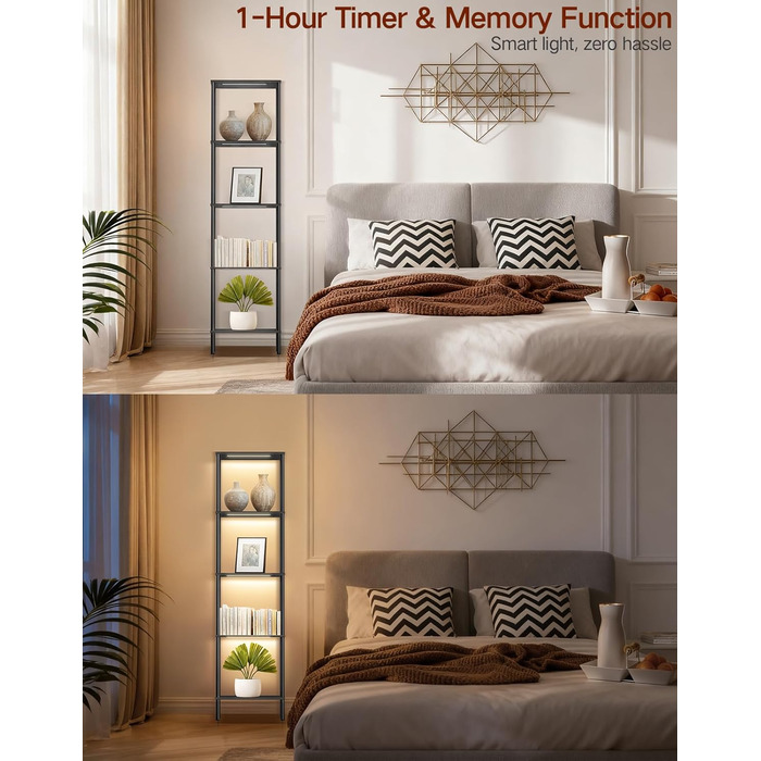 Стельова лампа з полицею, LED, регулювання яскравості, 3 колірні температури, сенсорне управління та пульт, полиця для книг, дерев'яна, сучасний дизайн для вітальні, спальні, офісу (чорний)