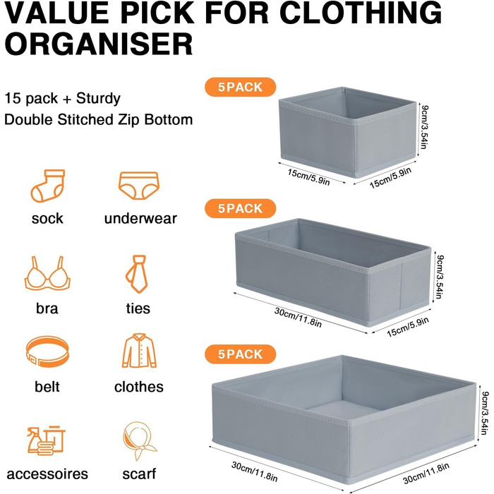 Drawer Organizer - Foldable Underwear Organizer Storage Box Fabric 16 Pieces Closet Organizer for Clothes, Socks (15 Pieces, Gray)