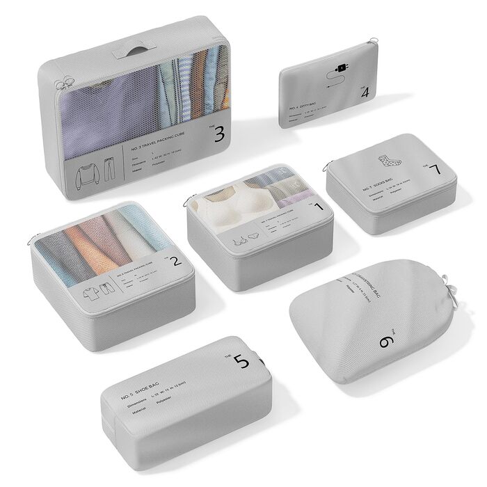 Органайзер для валізи Yomisee, Набір з 7 частин, Packwürfel Set, Органайзери для одягу в подорож, Сірий