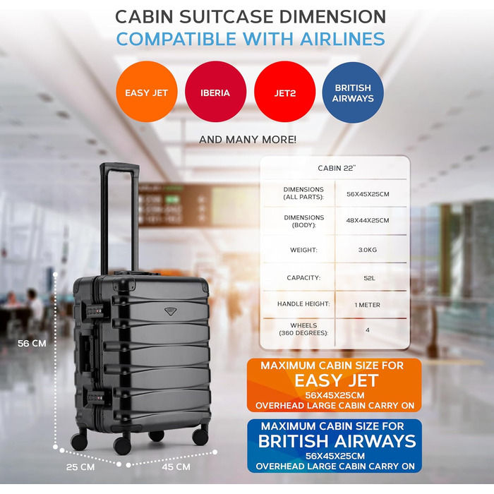 Чемодан Flight Knight Premium: Алюмінієвий каркас, ABS корпус, 8 коліс, 56x45x25см, Чорний