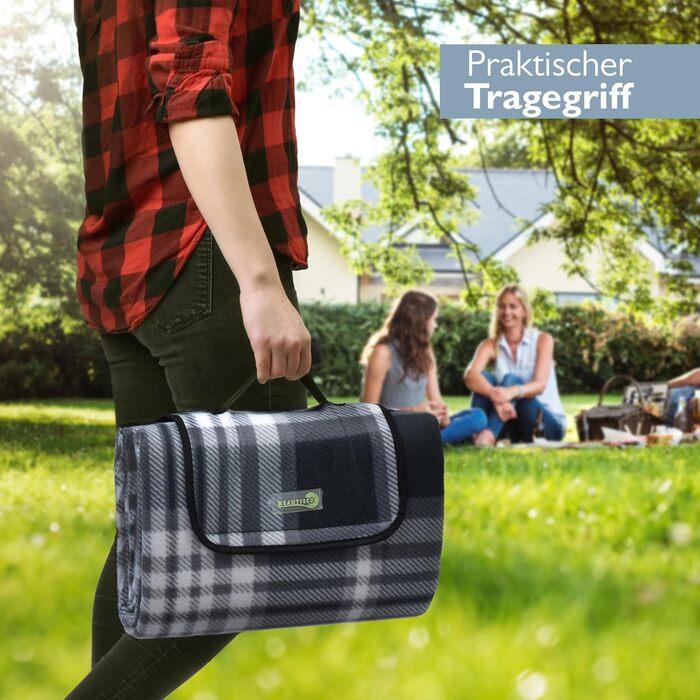 Beautissu Плед для пікніка XXL, 200x200 см, водовідштовхувальний, ізольований, сірий, для пляжу, кемпінгу, подорожей