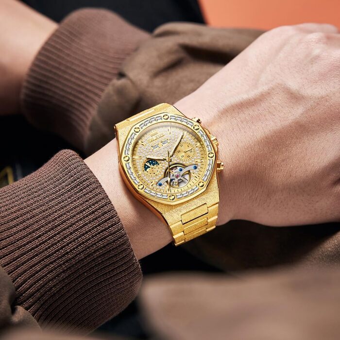 Чоловічий наручний годинник OLEVS G9805 аналоговий, сталевий ремінець, золотий колір, водонепроникний, з календарем та підсвіткою