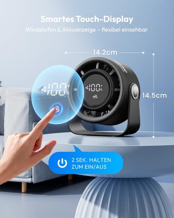 Портативний акумуляторний вентилятор Gaiatop з USB, 5 швидкостей, тиха робота, сенсорне управління, 360° обертання, для дому та офісу, чорний