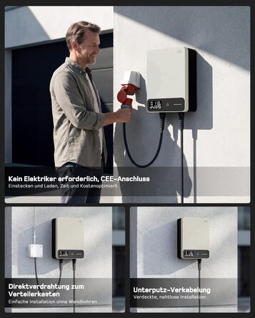 Wallbox 11 кВт з Wi-Fi та кабелем Type 2 7,5м, 3-фазне зарядне для електромобілів (BEV/PHEV), 6-16A, 400V, RCD Type A 30mA/DC 6mA, IP54, чорний. Зарядна станція для дому.