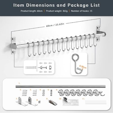 Booxihome Kitchen Rail Stainless Steel Hanging Rail Kitchen Utensil Holder Rustproof Pan Holder Cup Holder with 15 Hooks for Kitchen Aids Cooking Accessories Kitchen Utensils (60cm)…