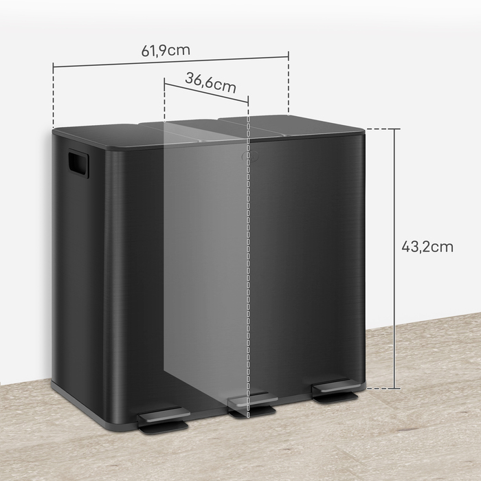 HOMCOM 3 x 15L Step Trash Can with Lid and Foot Pedal, Stainless Steel Waste Bin with Inner Bucket for Living Room & Office, 61.9 x 36.6 x 43.2 cm